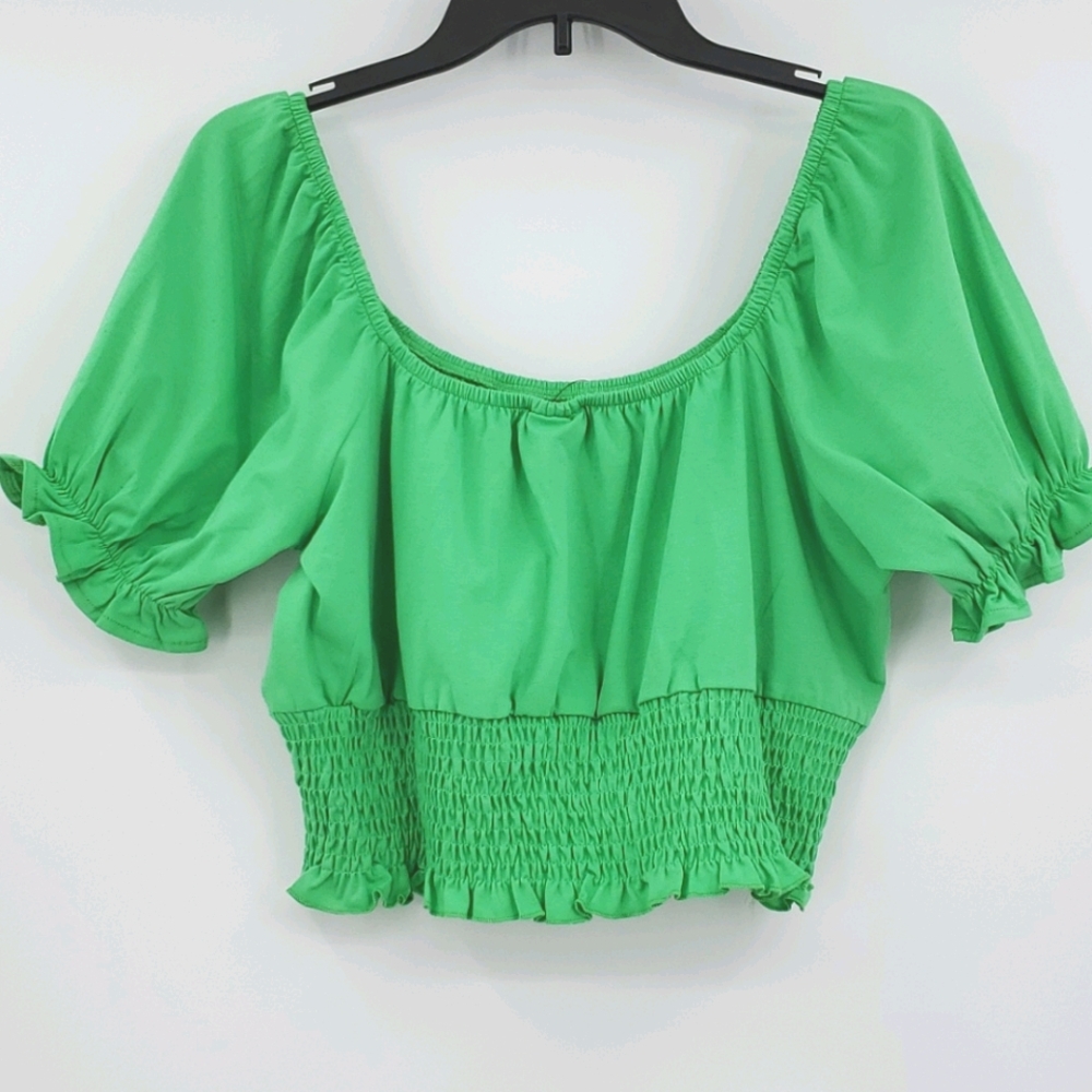 TOPSHOP SHIRRED WAIST PUFF TOP GREEN 14